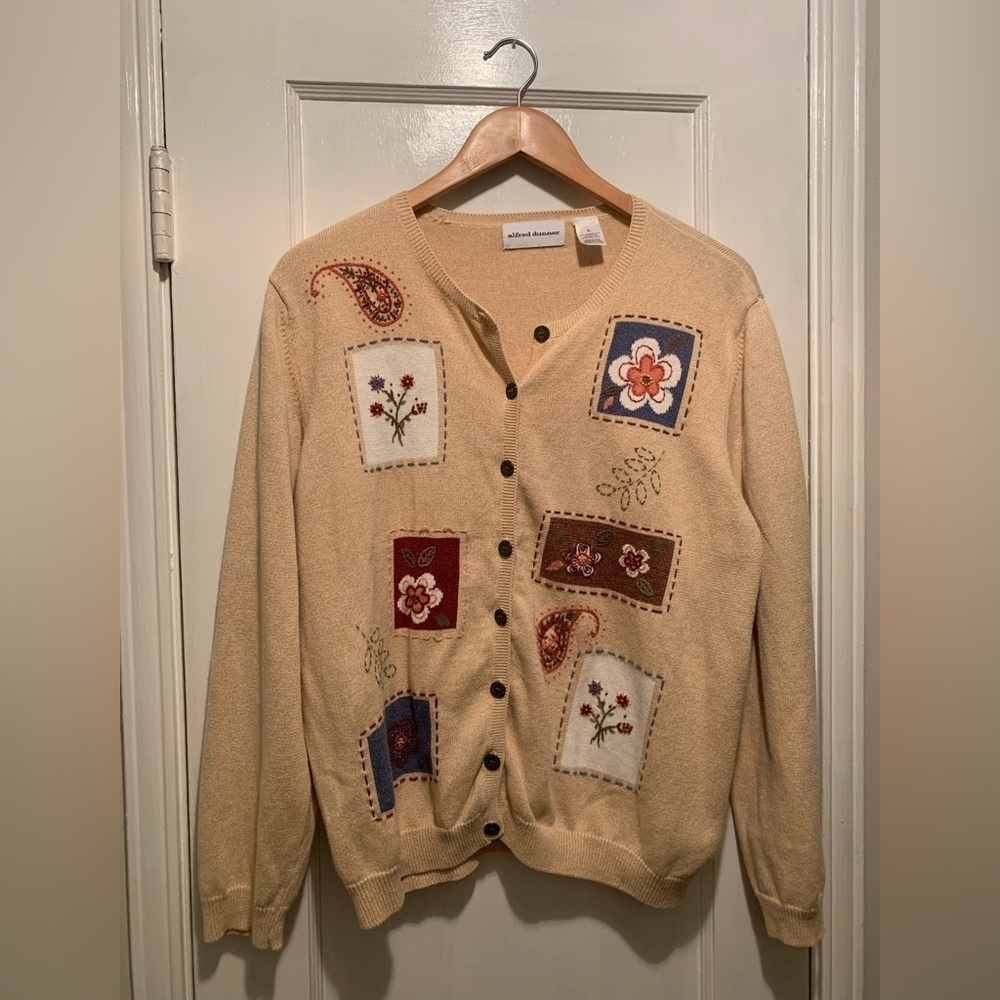 Alfred Dunner Floral Embroidered Patchwork Cardigan Sweater Floral Grannycore XL